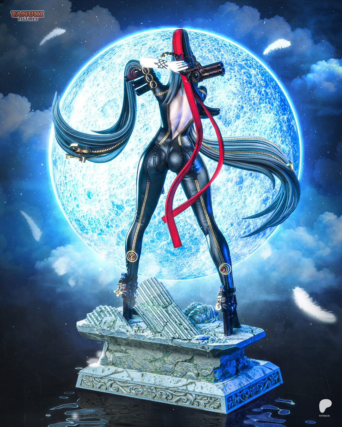 Sculptor's render (kit ships unpainted): back view with the long ribbons, the spread hair tails and the fallen columns on the base