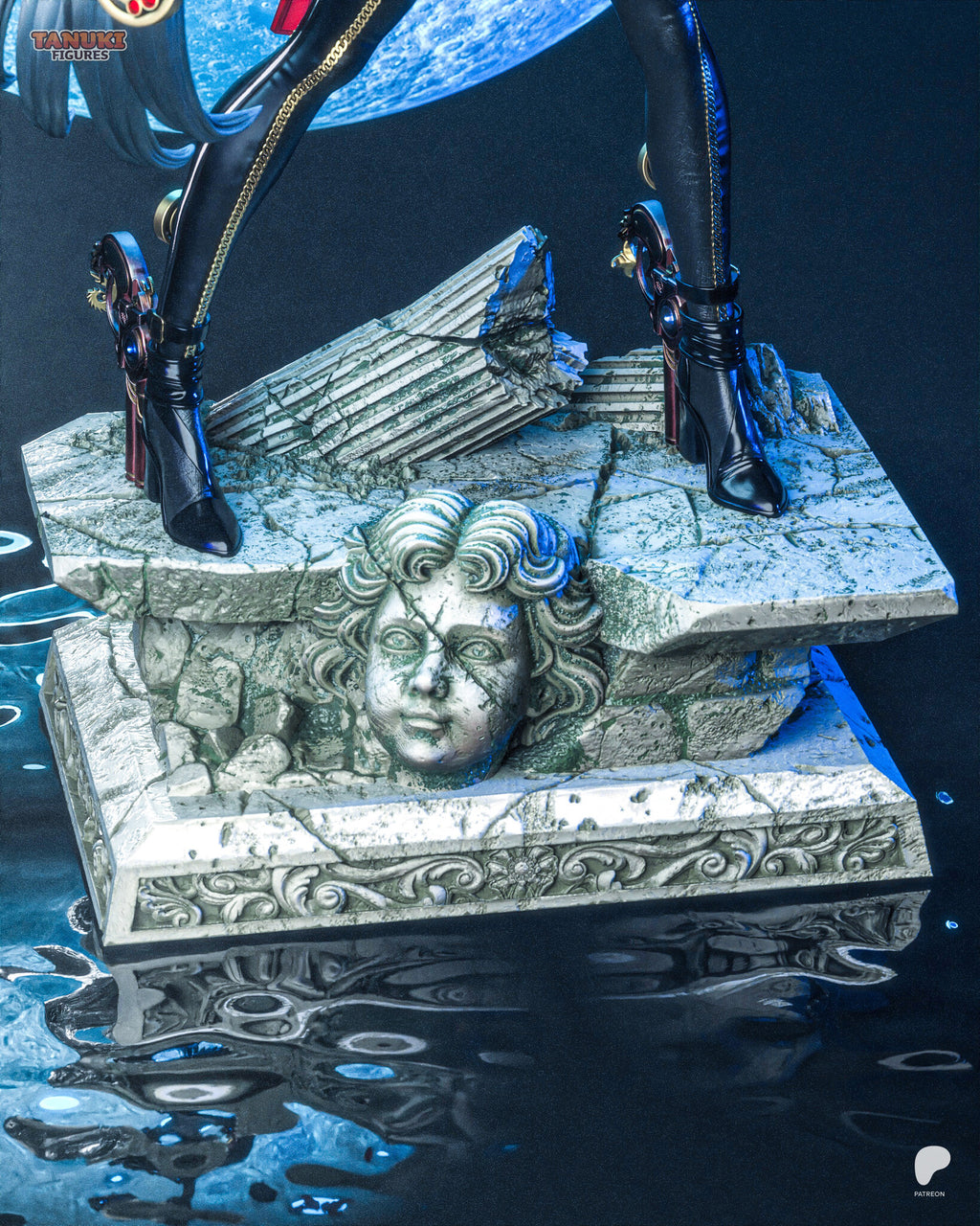 Sculptor's render (kit ships unpainted): close view of the stone base with the cracked cherub face and carved frieze