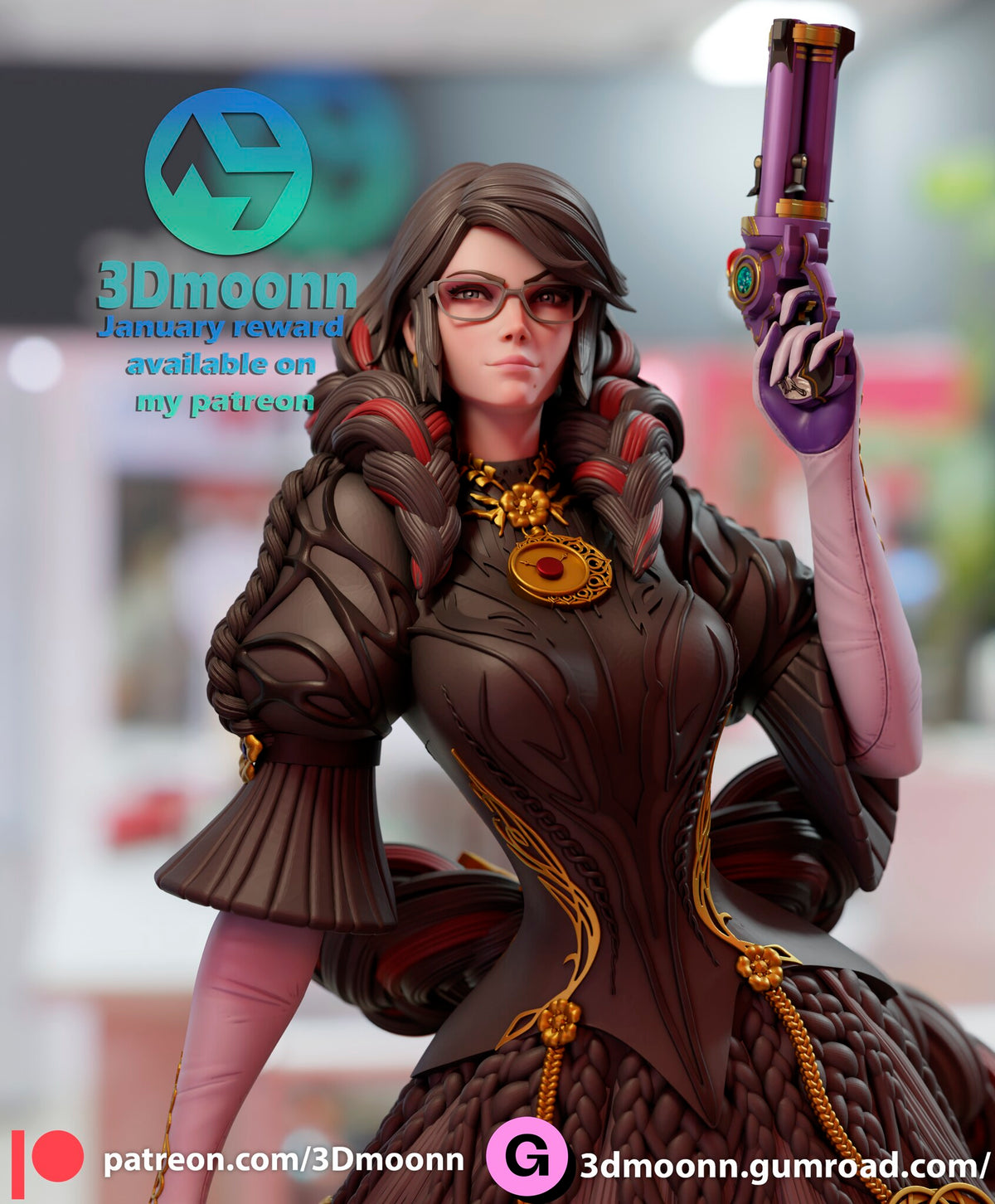Sculptor's render (kit ships unpainted): waist-up view with the long curls and raised pistol
