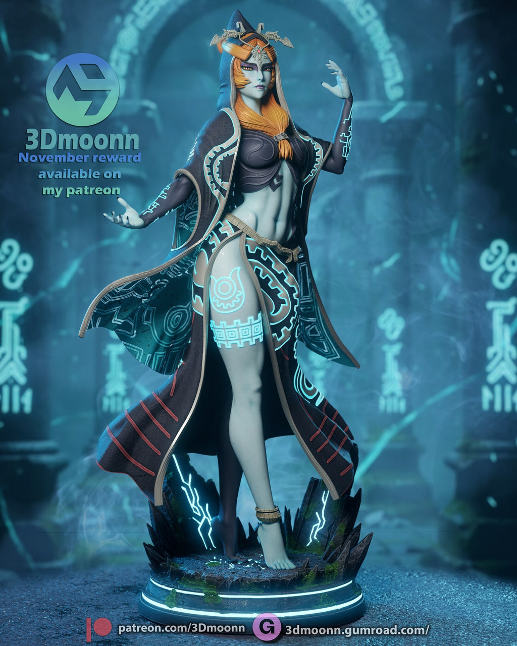 Sculptor's render of the painted design (kit ships unpainted): full front view of the hooded figure, one hand raised, on the round base with glowing cracks and two leaning slabs