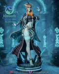 Sculptor's render of the painted design (kit ships unpainted): full front view of the hooded figure, one hand raised, on the round base with glowing cracks and two leaning slabs