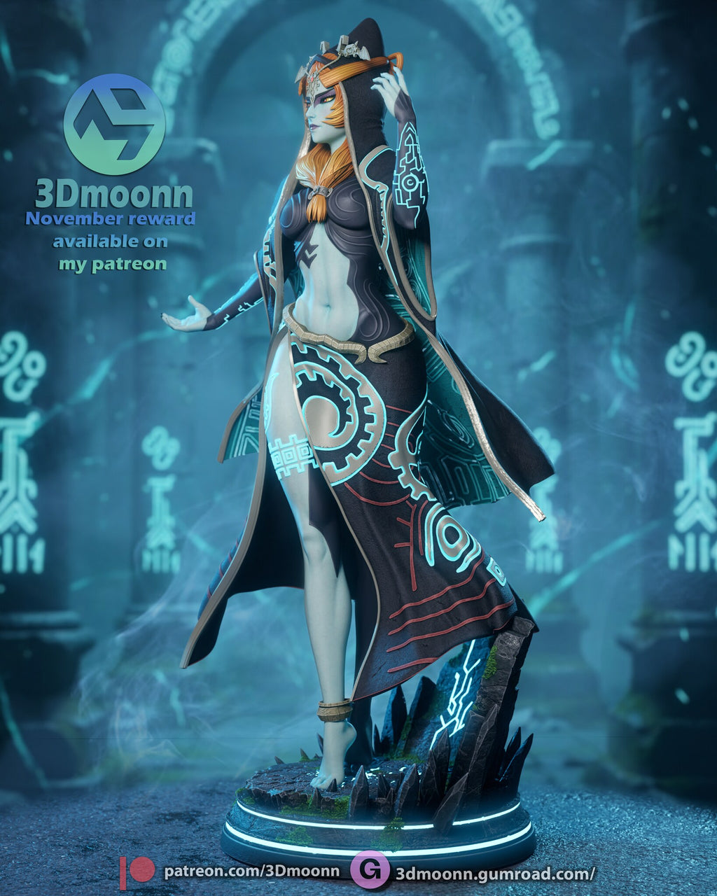 Sculptor's render (kit ships unpainted): three-quarter view from her left, one hand beside the hood and the gear-spiral skirt panel