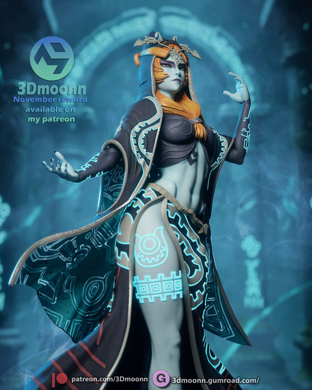 Sculptor's render (kit ships unpainted): low front view looking up, with the patterned cloak lining spread to one side and the glowing thigh emblem