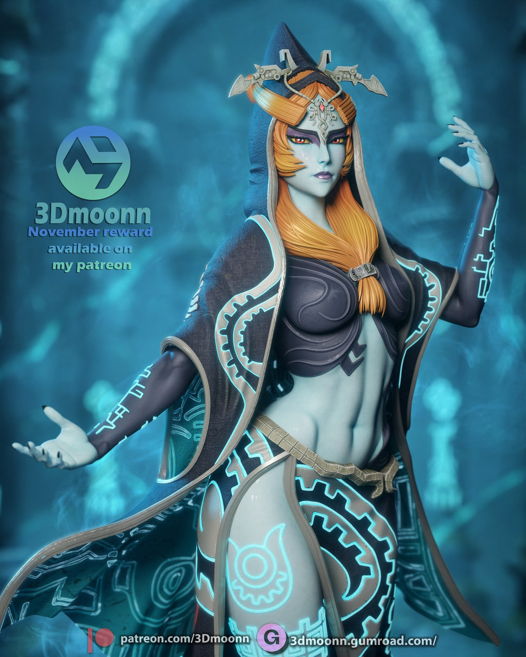 Sculptor's render (kit ships unpainted): close-up of the face, crown, orange hair and clasp