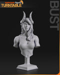 Sculptor's render of the design, shown in gray (kit ships unpainted): the bust with ridged horns, long wavy hair and a tank top on a square plinth