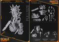 Studio scale and parts sheet (kit ships unpainted): the small statue in front of the large one is the miniature (this listing), 110 mm tall, 62 mm wide and 79 mm long; its parts are shown bottom center under 'Miniature scale'