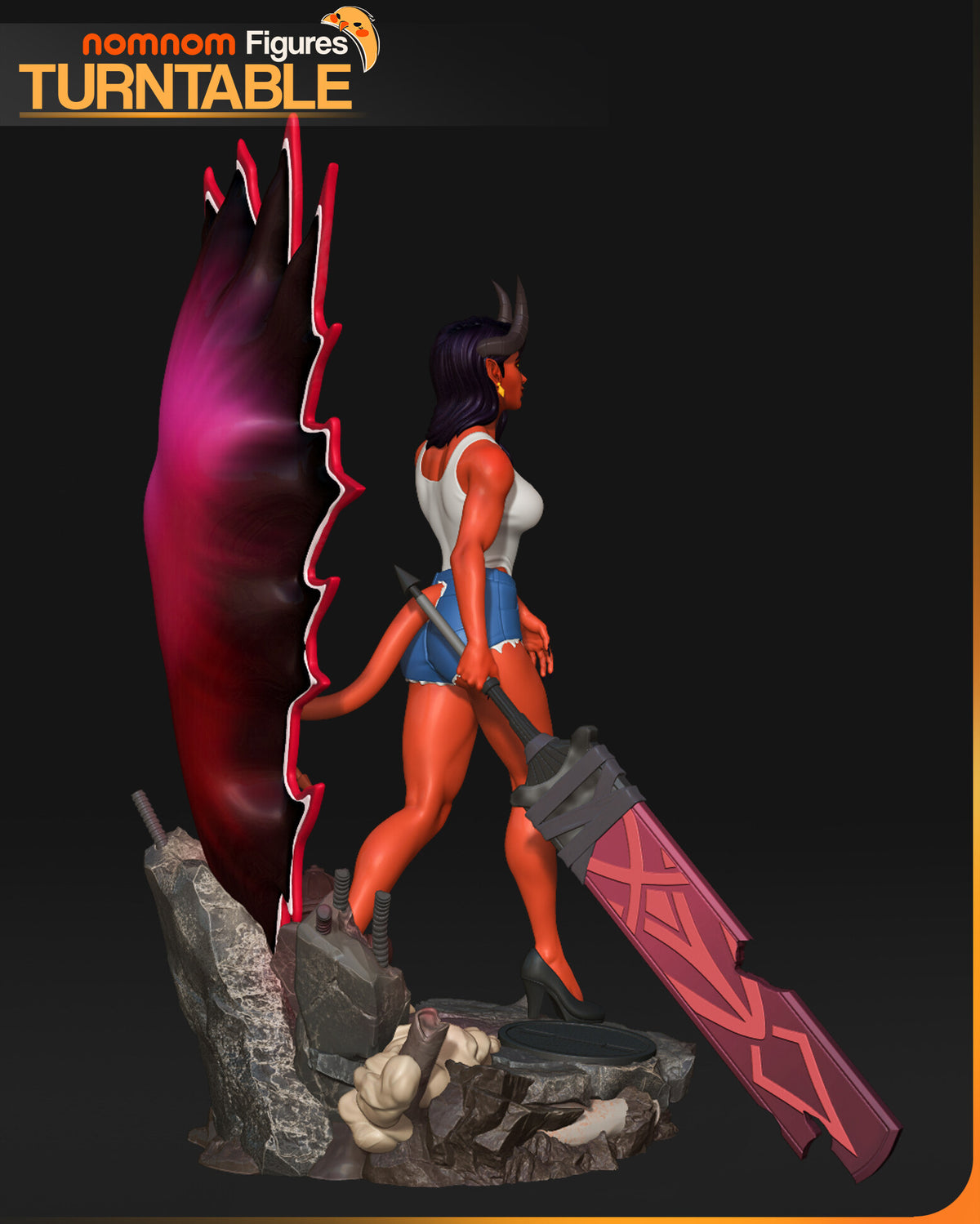 Sculptor's render (kit ships unpainted): view from her right, the long pole and taped blade trailing past the base; the miniature is the same sculpt at 110 mm tall
