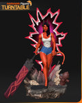 Sculptor's render of the painted design (kit ships unpainted): front view of the horned red-skinned demon woman walking out of a jagged pink portal with a huge taped crimson blade, on a broken street base with a fire hydrant