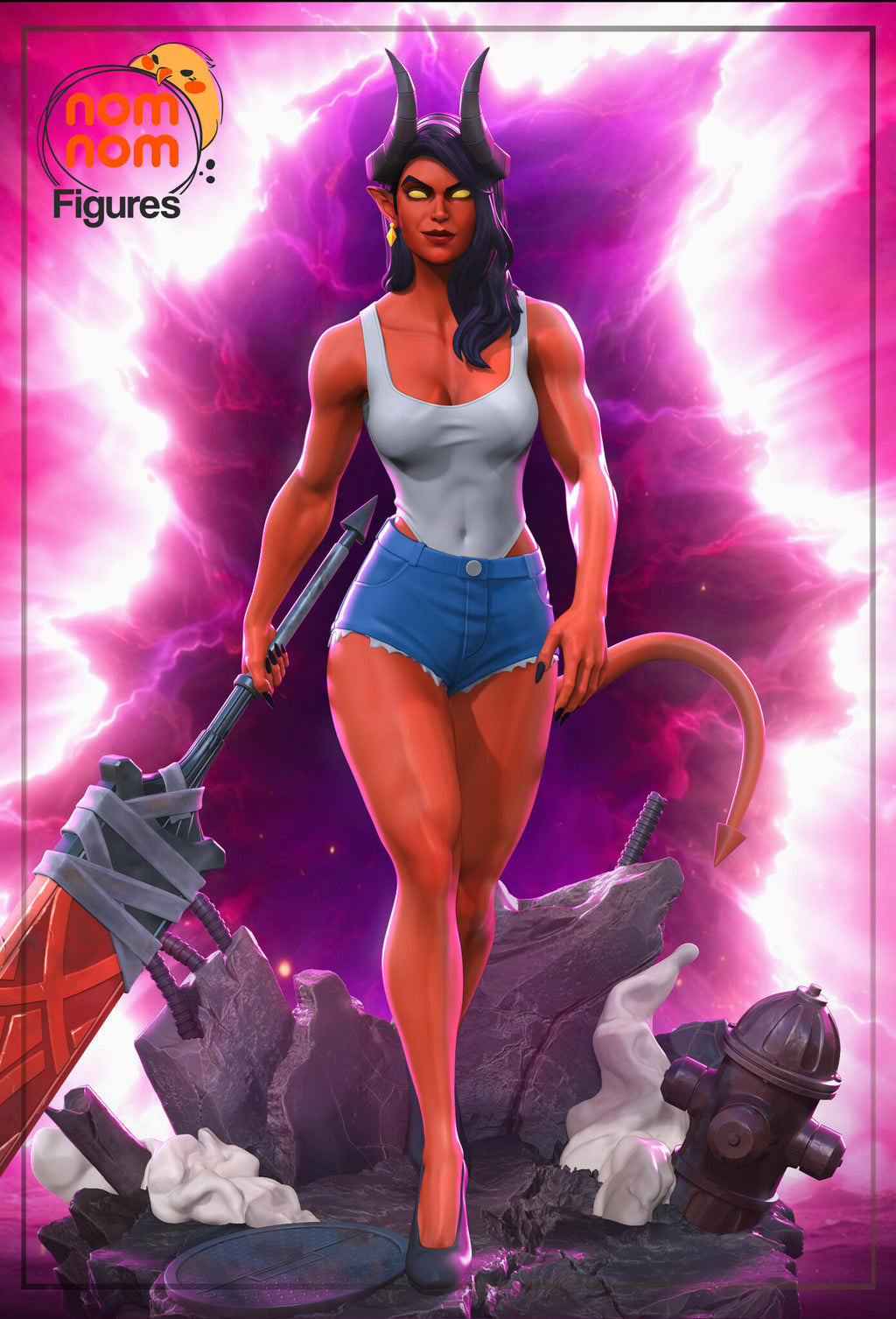 Sculptor's render (kit ships unpainted): front view of the figure striding over the rubble with the blade at her side, against a painted magenta backdrop