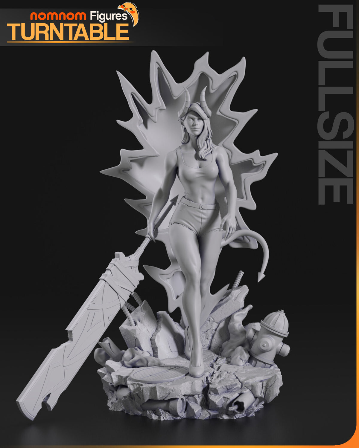 Sculptor's render (kit ships unpainted): unpainted gray front view of the full sculpt with the starburst portal behind her