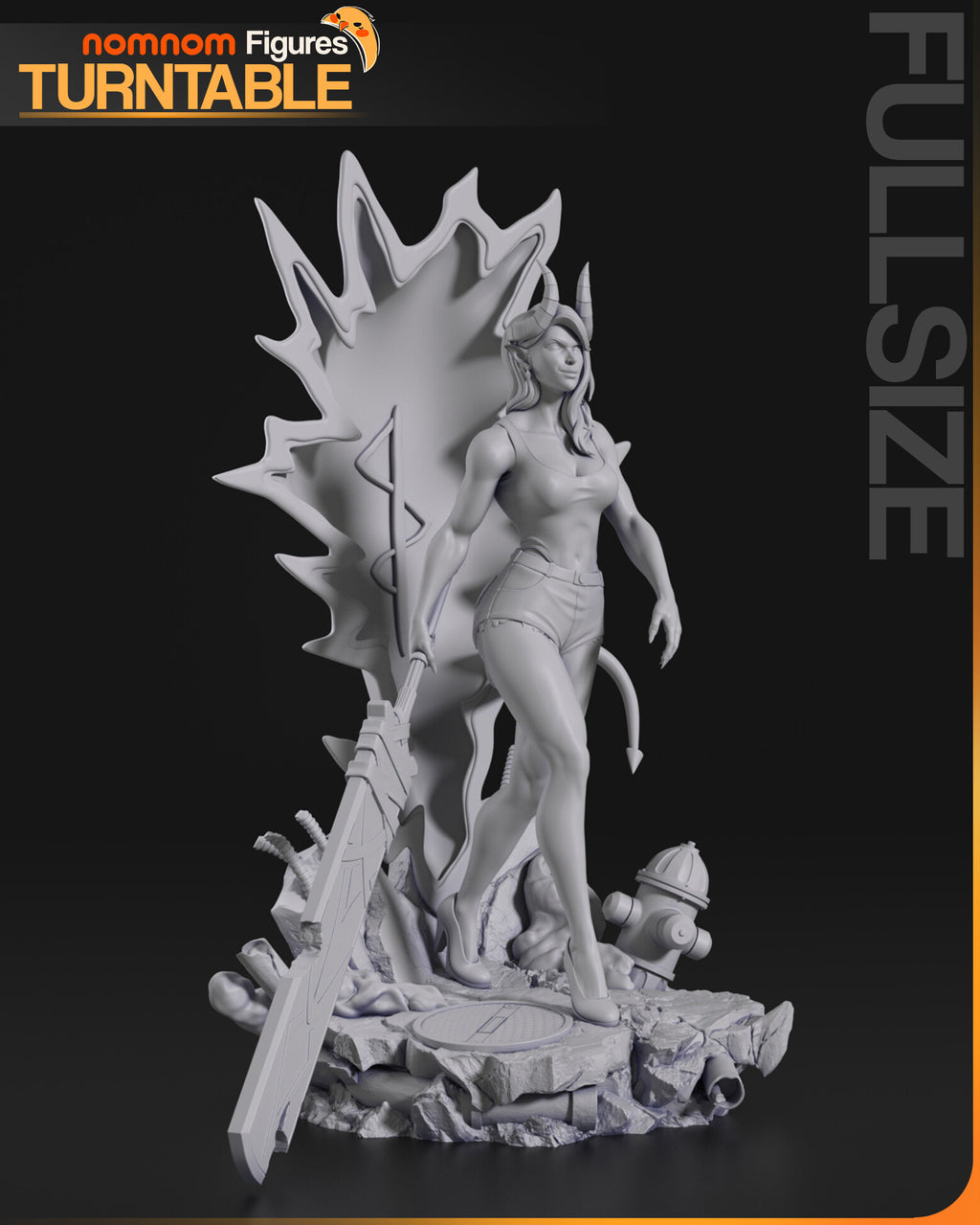 Sculptor's render (kit ships unpainted): unpainted gray three-quarter view from her right, showing the raised zigzag sigil on the portal face