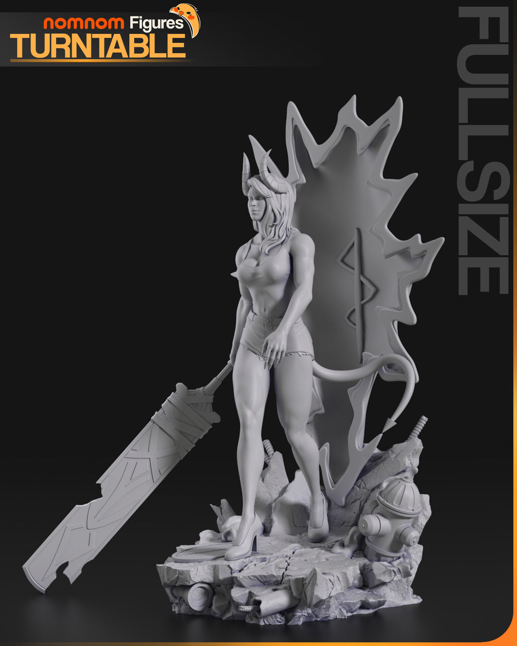 Sculptor's render (kit ships unpainted): unpainted gray three-quarter view from her left, with the tail touching the portal rim