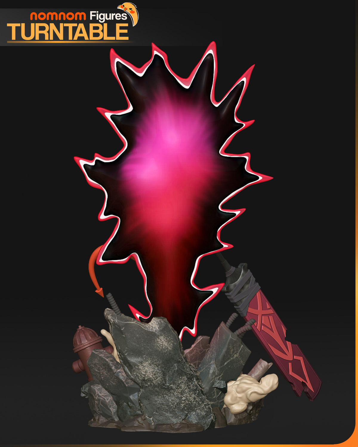 Sculptor's render (kit ships unpainted): rear view of the portal painted black and glowing pink, with rock slabs and the hydrant at its foot
