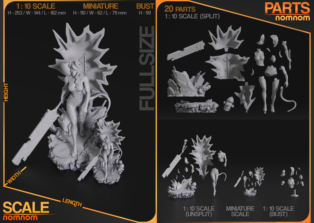 Studio scale and parts sheet (kit ships unpainted): the studio's sheet giving this 1:10 statue's size, 253 mm tall, 144 mm wide and 182 mm long, with its 20 split parts; the smaller versions shown are the miniature and the bust, sold as separate listings