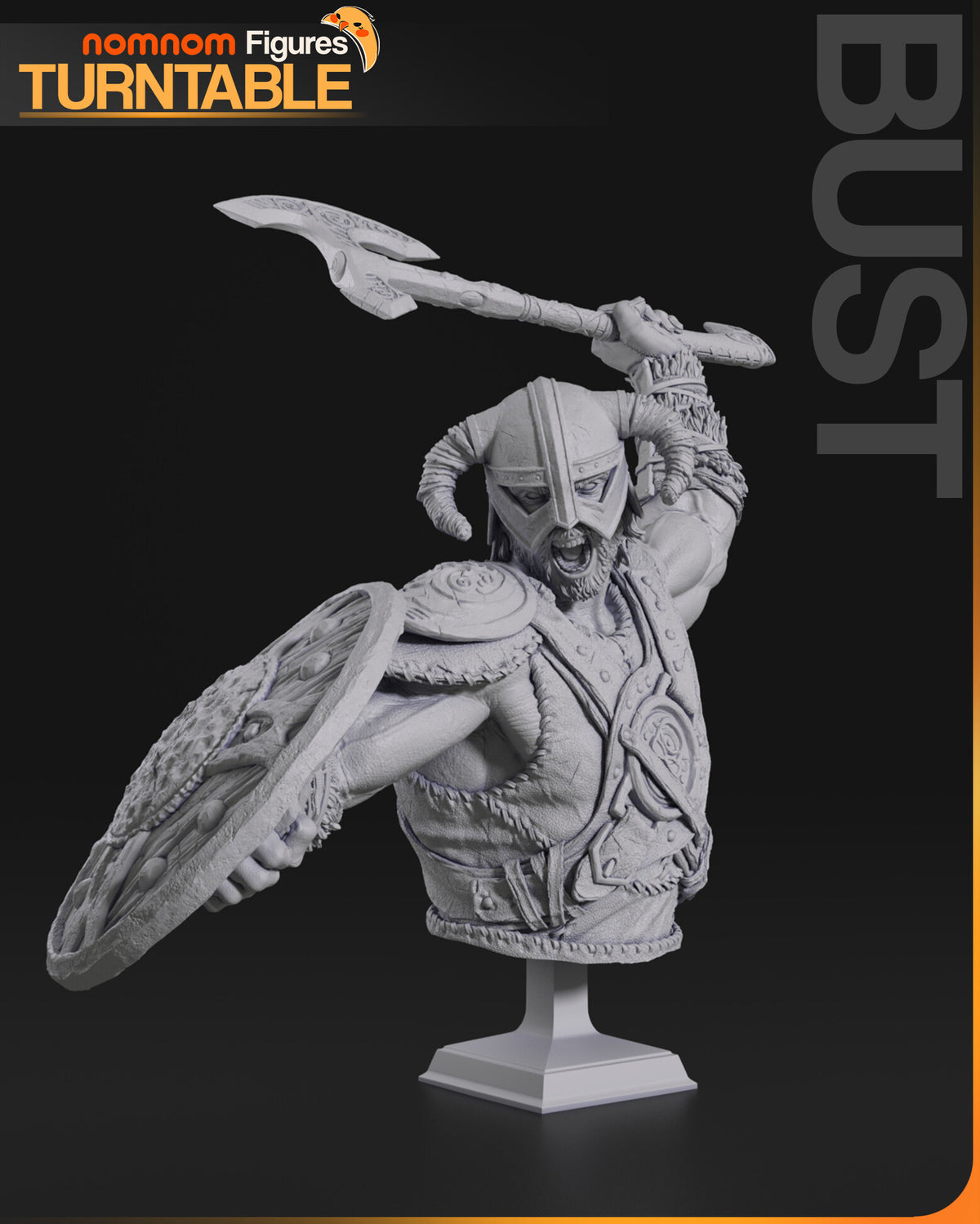 Sculptor's render of the design, shown in gray (kit ships unpainted): the helmeted warrior from the chest up with the axe raised and the shield forward, on a square stepped plinth