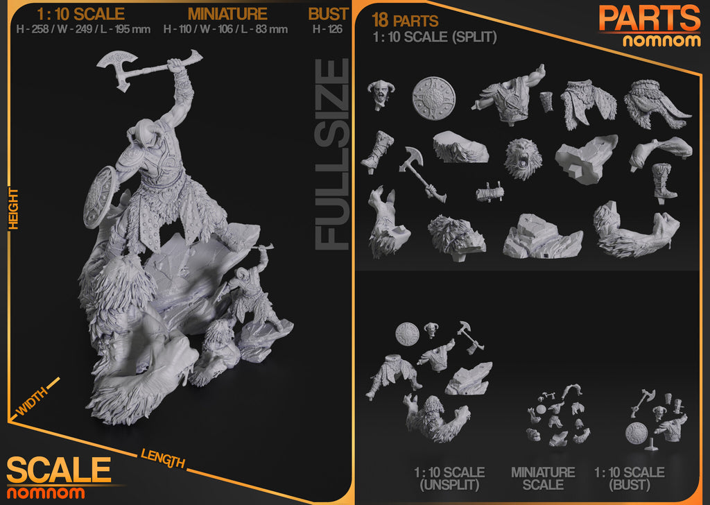 Studio scale and parts sheet (kit ships unpainted): the studio's sheet giving the bust's height, 126 mm; the bust's parts are shown bottom right under '1:10 scale (bust)', and the dioramas shown are the 1:10 and miniature versions, sold separately
