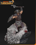 Sculptor's render of the painted design (kit ships unpainted): front three-quarter view of the horned-helmet warrior swinging an axe overhead, standing over the fallen white-furred troll on dark slate