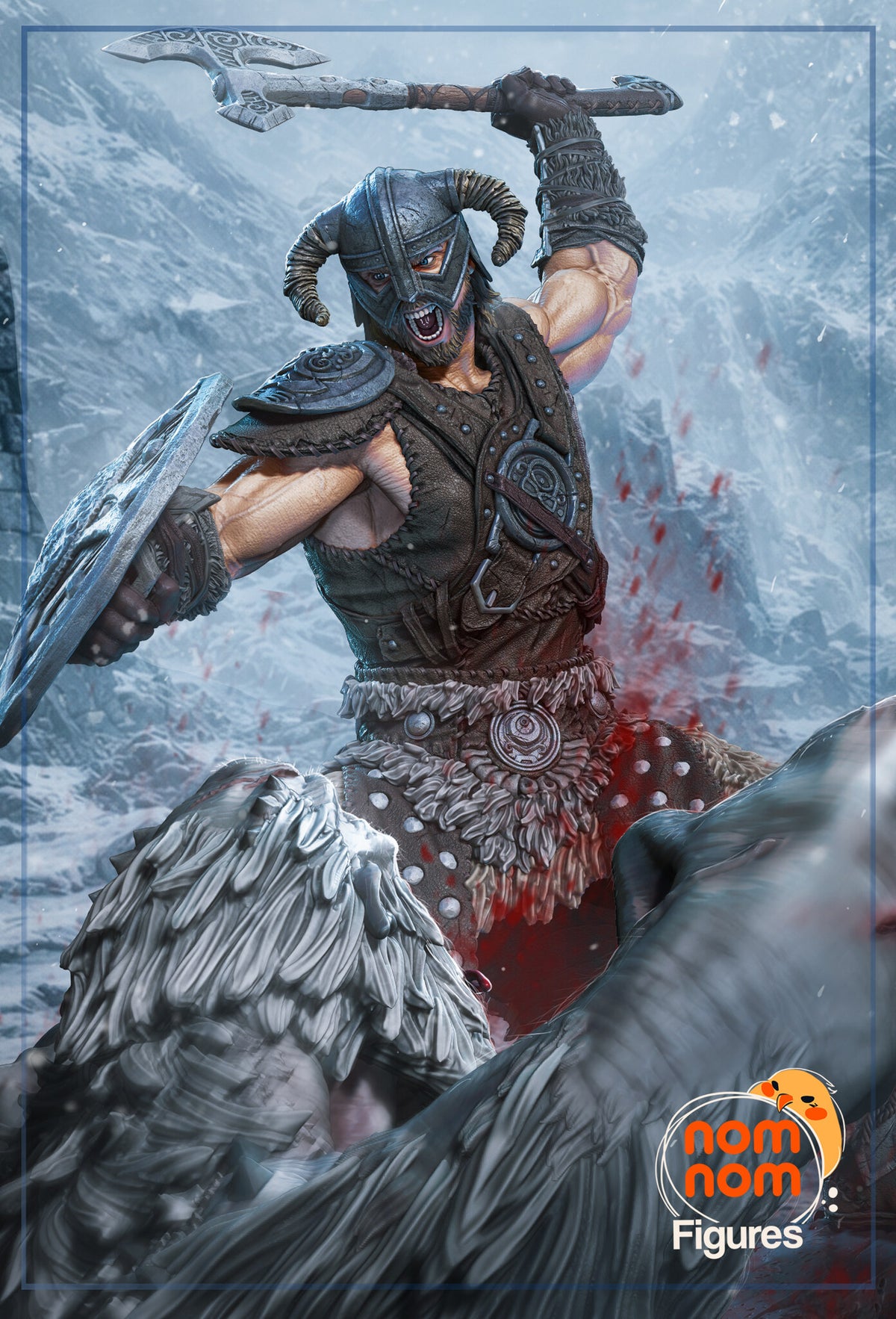 Sculptor's render (kit ships unpainted): painted warrior roaring with the axe raised and the shield forward, shown against a snowy mountain backdrop
