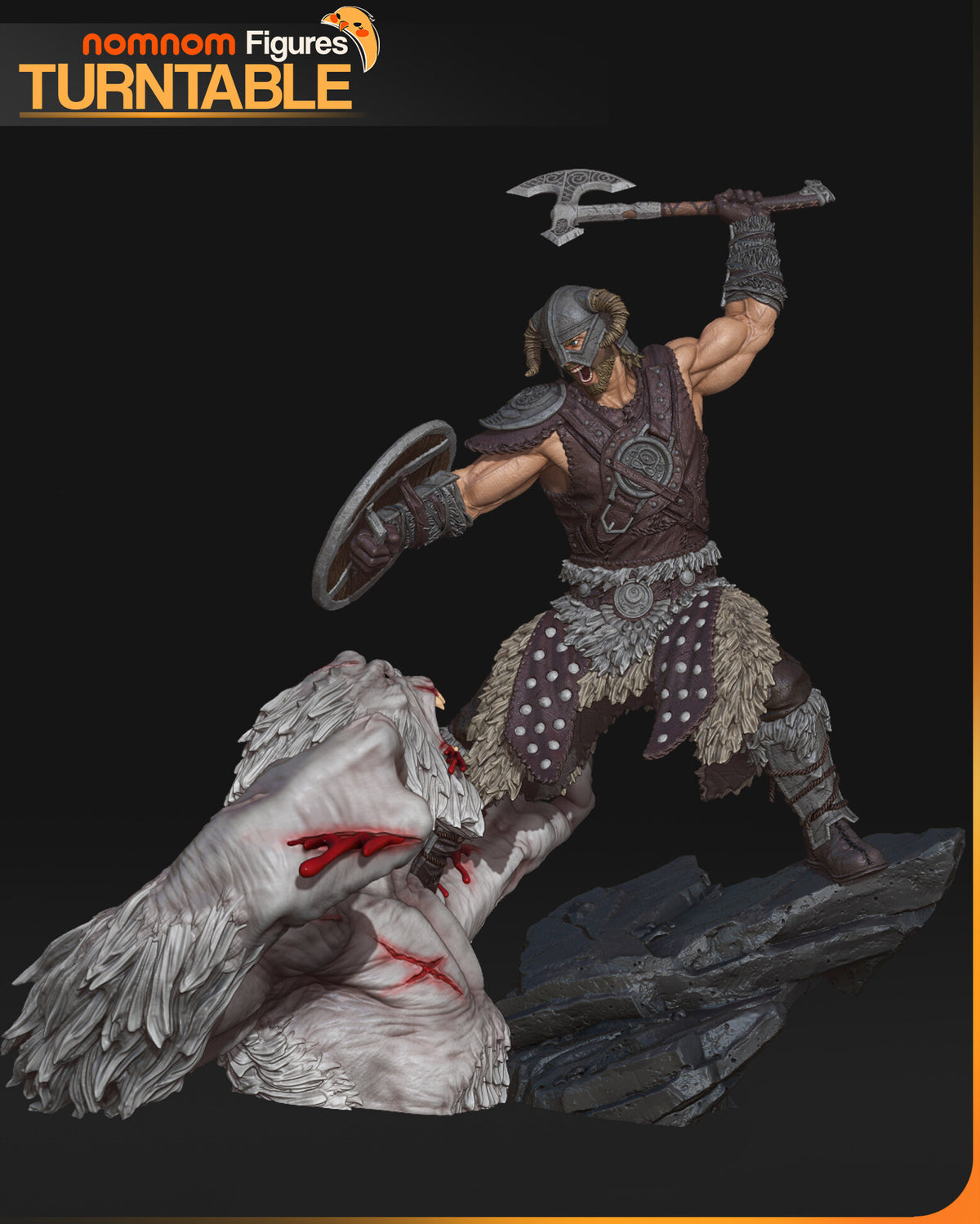 Sculptor's render (kit ships unpainted): three-quarter view from the shield side, the troll's wounded arm and furred body in the foreground and the warrior on the slate ledge
