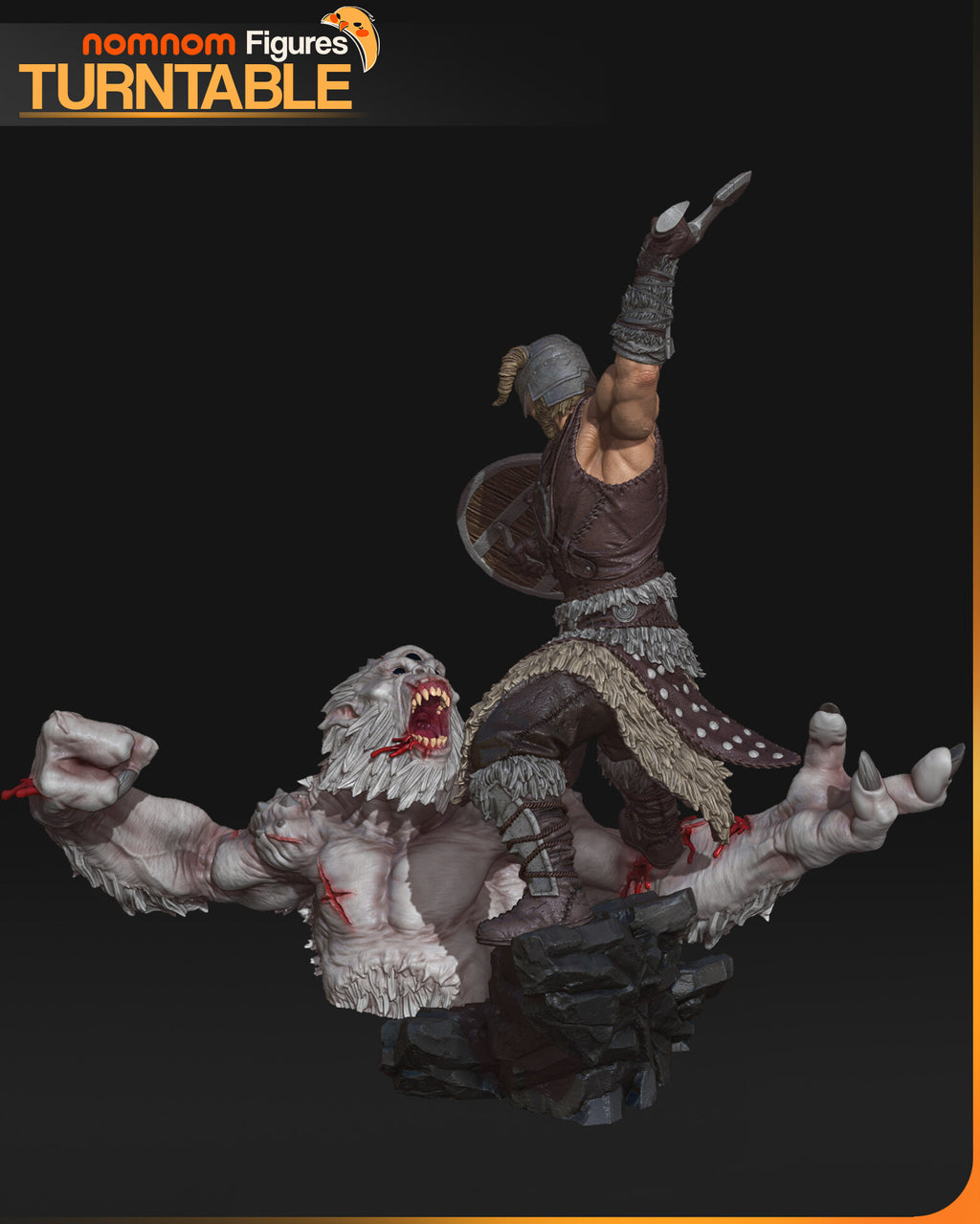 Sculptor's render (kit ships unpainted): view from behind the troll's head, its fanged mouth open and both arms flung wide, the warrior rising behind it with the axe raised