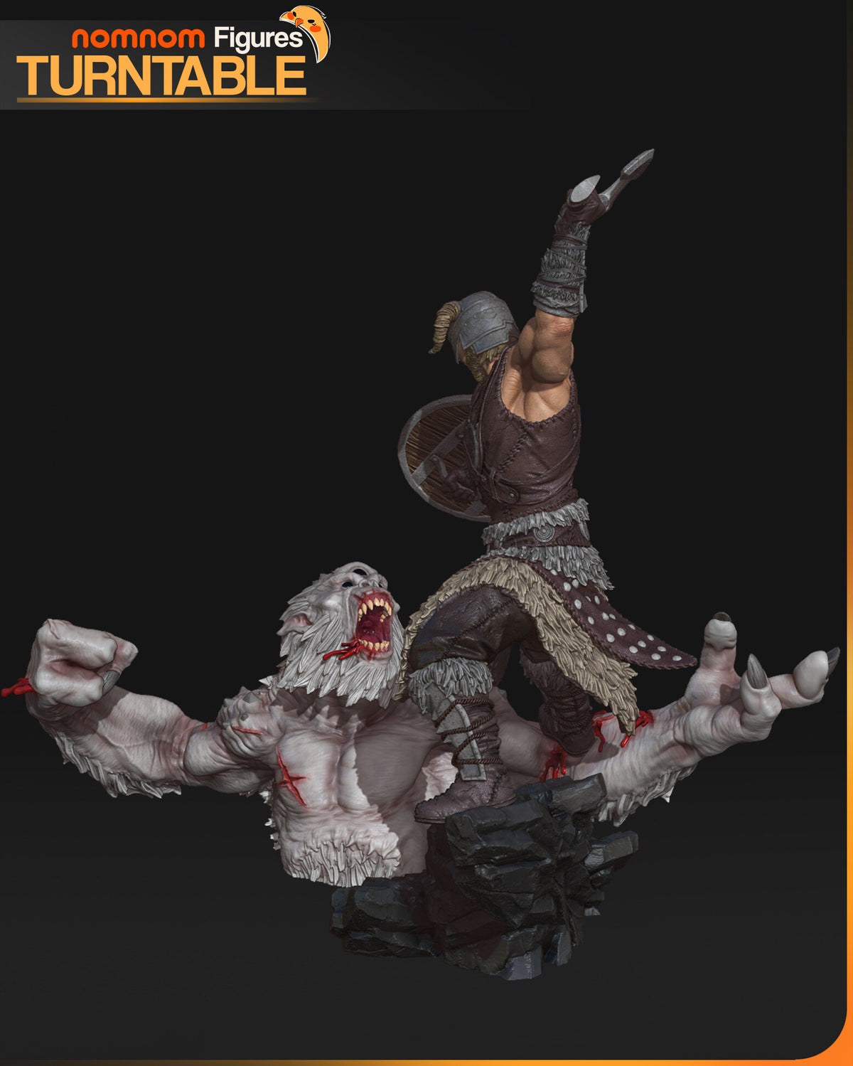 Sculptor's render (kit ships unpainted): view from behind the troll's head, its fanged mouth open and both arms flung wide, the warrior rising behind it with the axe raised