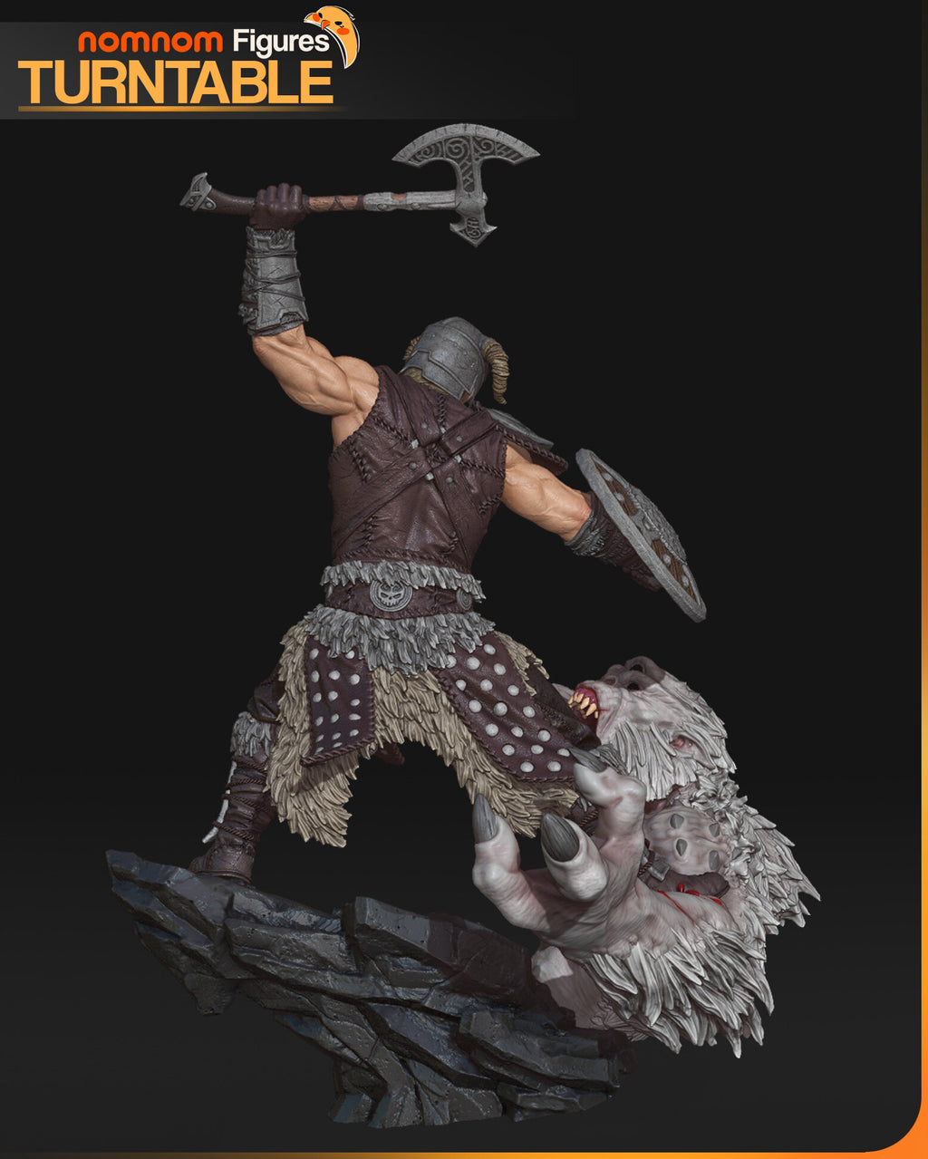 Sculptor's render (kit ships unpainted): rear view of the leather vest with crossed straps, the studded skirt and the back of the shield, the troll's head and clawed hand below