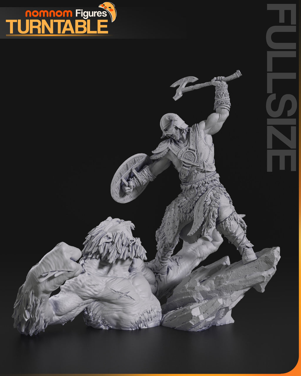 Sculptor's render (kit ships unpainted): gray side view of the warrior's stance on the slate ledge with the troll's head and fist below