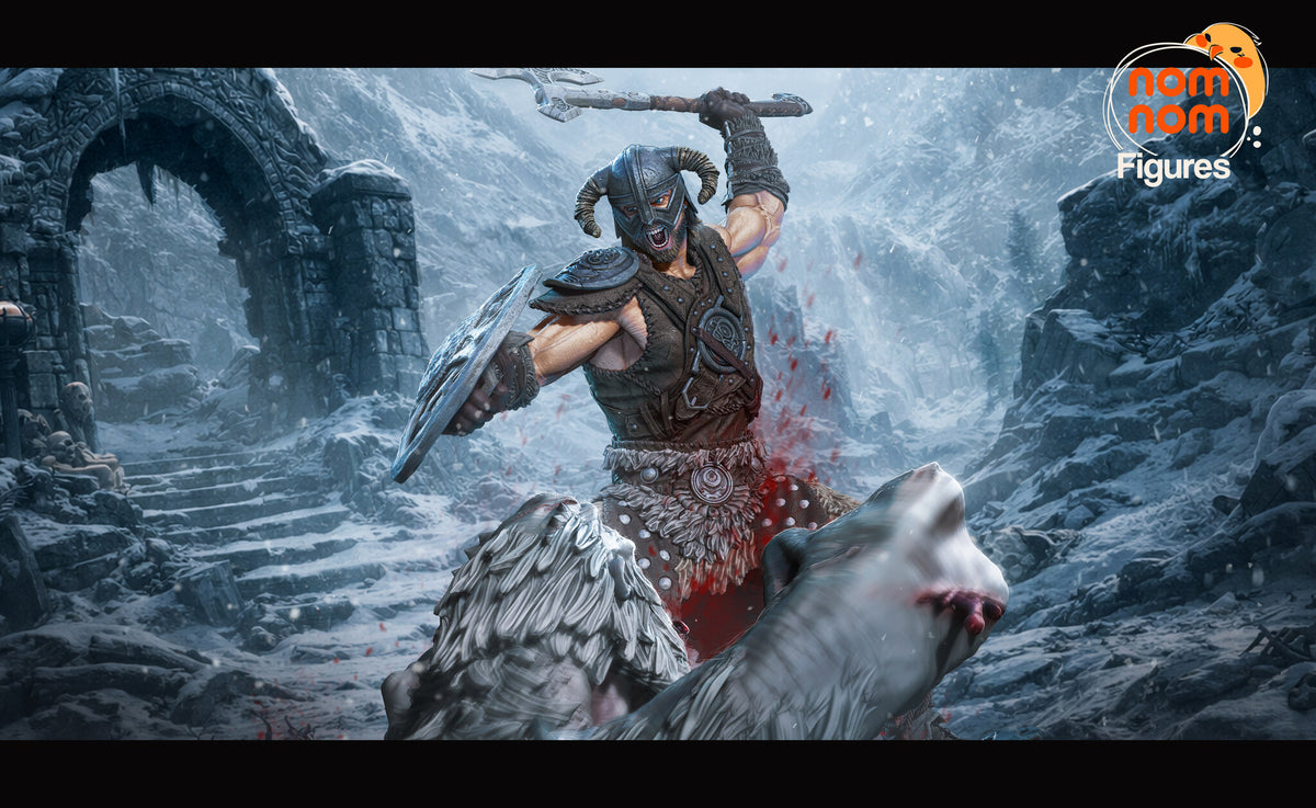Sculptor's render (kit ships unpainted): wide painted view of the warrior mid-swing against a snowy stone ruin, the troll in the foreground