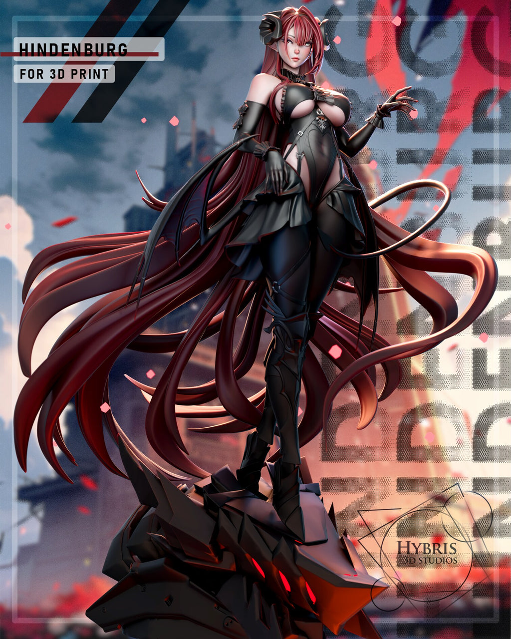 Sculptor's render of the painted design (kit ships unpainted): full front view, one hand at her hip and the other raised beside her face, the long red hair fanning down to the black hull-plate base with its glowing red slots