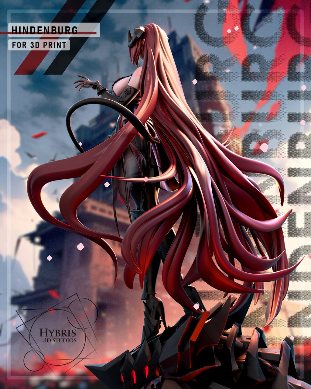 Sculptor's render (kit ships unpainted): rear view of the full figure with the huge sweep of red hair, the thin tail and the broken plates of the base