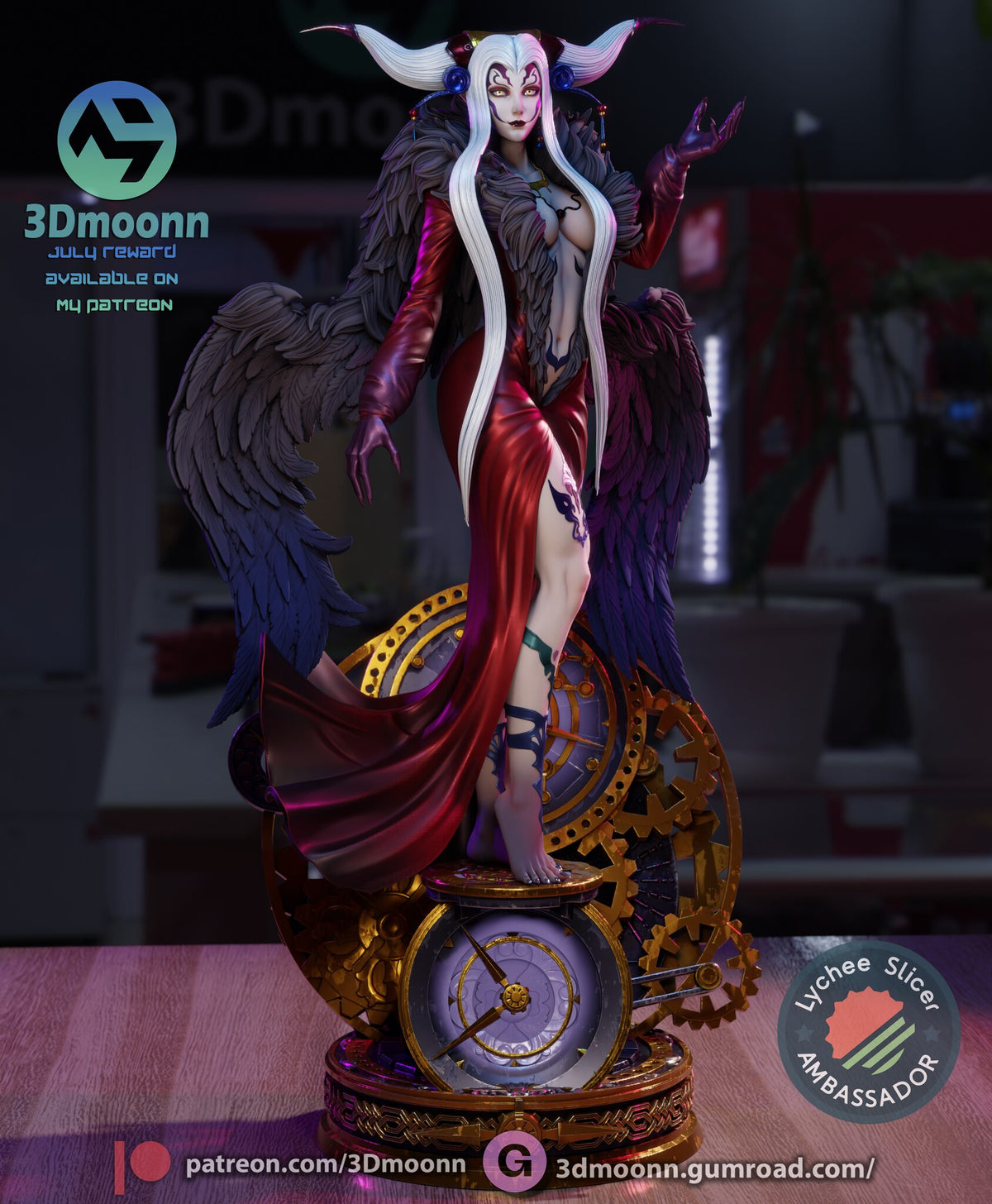Sculptor's render of the painted design (kit ships unpainted): full front view of the white-haired horned sorceress in a red satin gown with dark feathered wings, standing barefoot on a pocket-watch pedestal in front of gold gears and dials