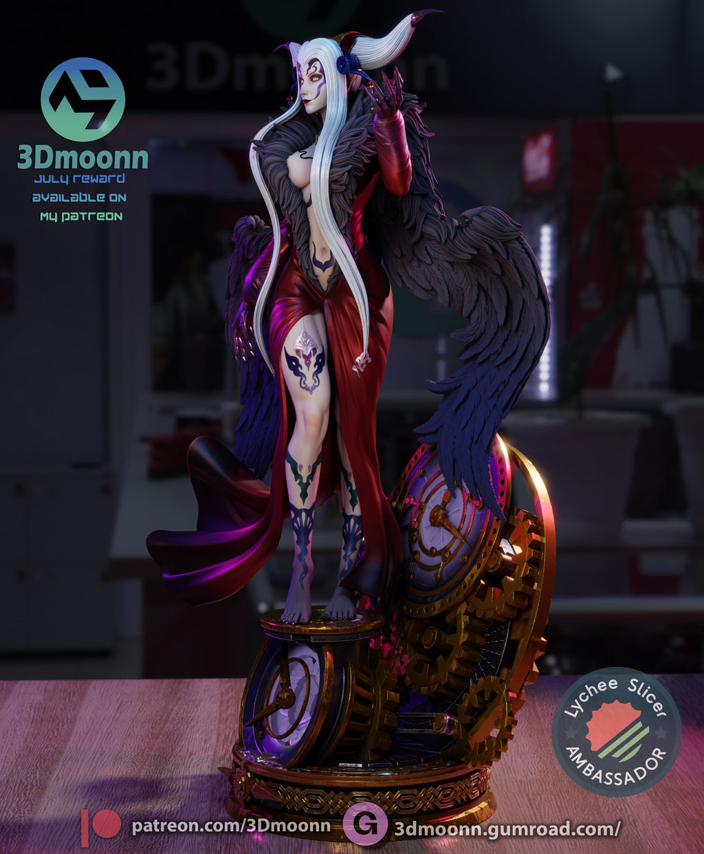 Sculptor's render (kit ships unpainted): side view with her head in profile and the pocket-watch pedestal seen at an angle