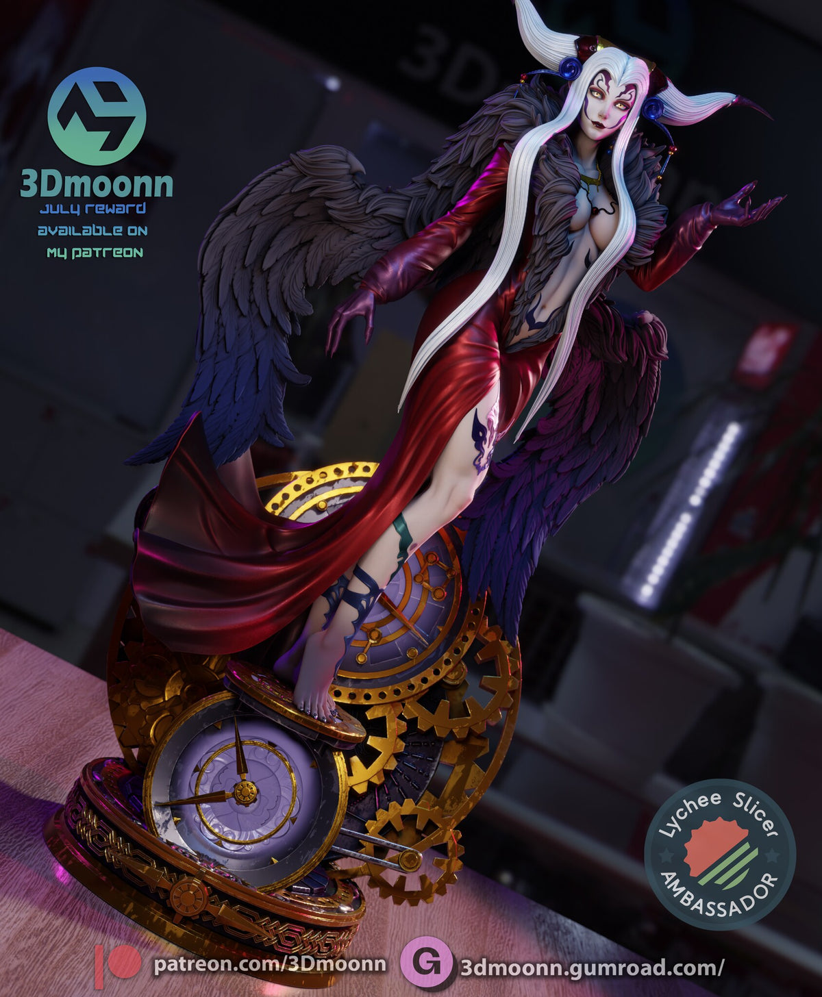 Sculptor's render (kit ships unpainted): tilted low-angle view up from the clockwork base, gears and the pale clock dial in the foreground
