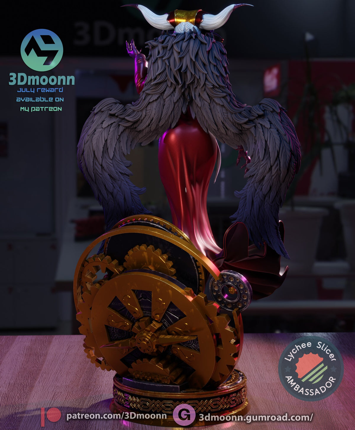 Sculptor's render (kit ships unpainted): rear view of the fur mantle, both feathered wings and the back of the gear backdrop
