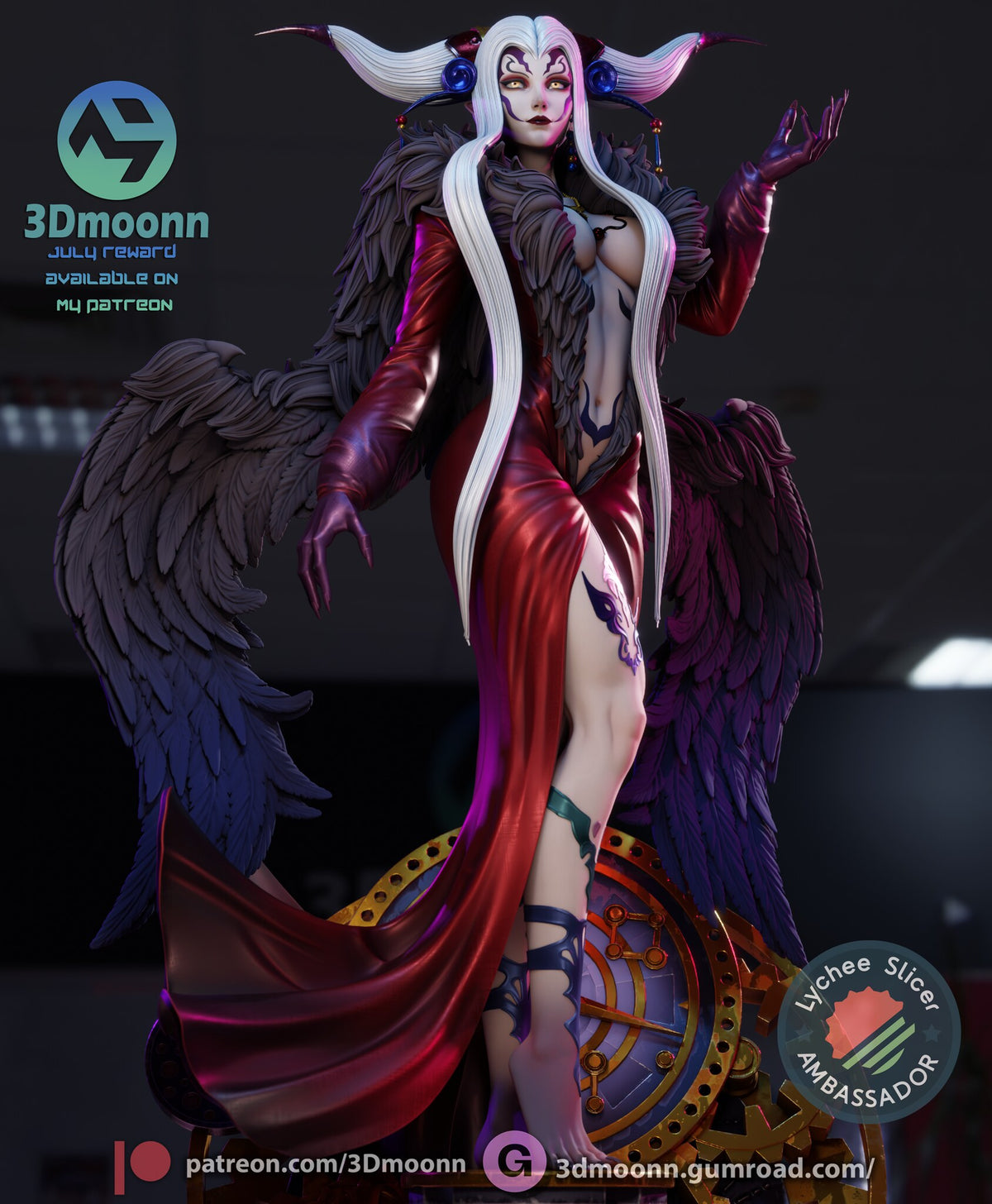 Sculptor's render (kit ships unpainted): front view from the horn tips to the feet, the gown split up one leg showing the painted tattoo designs