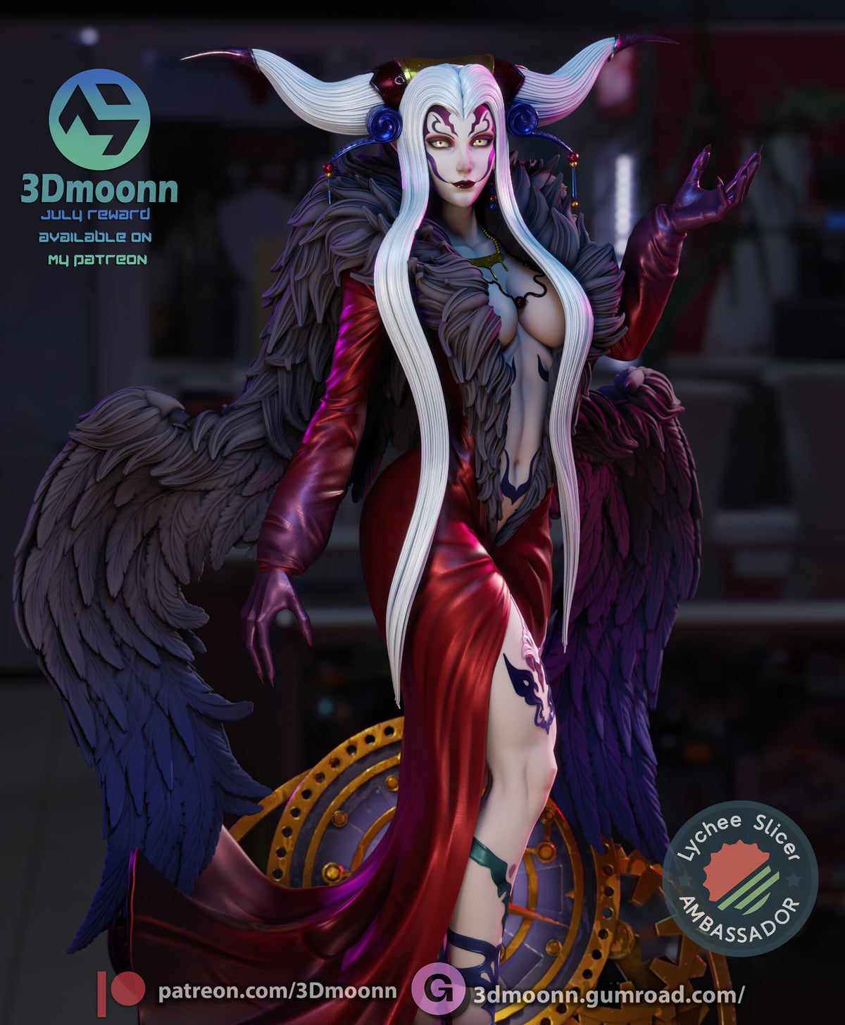 Sculptor's render (kit ships unpainted): closer front view of the face markings, the bead strings and the fur collar