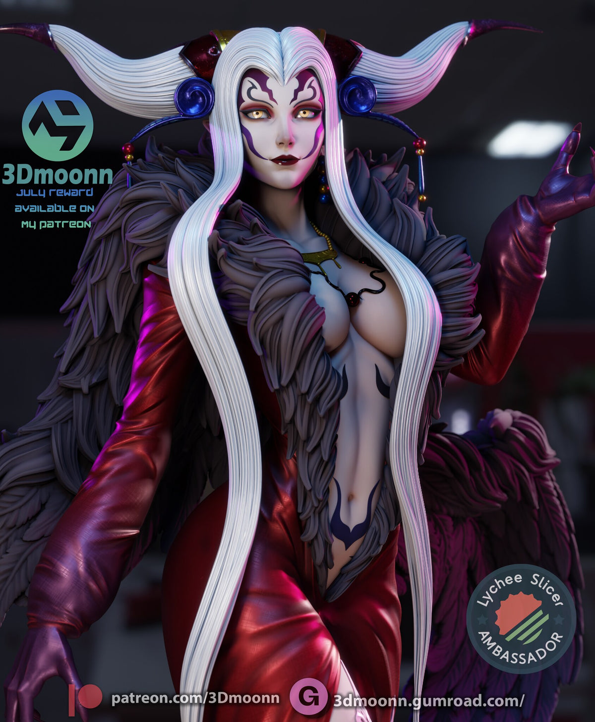 Sculptor's render (kit ships unpainted): close-up of the face with gold eyes and purple face markings under the curved white horns