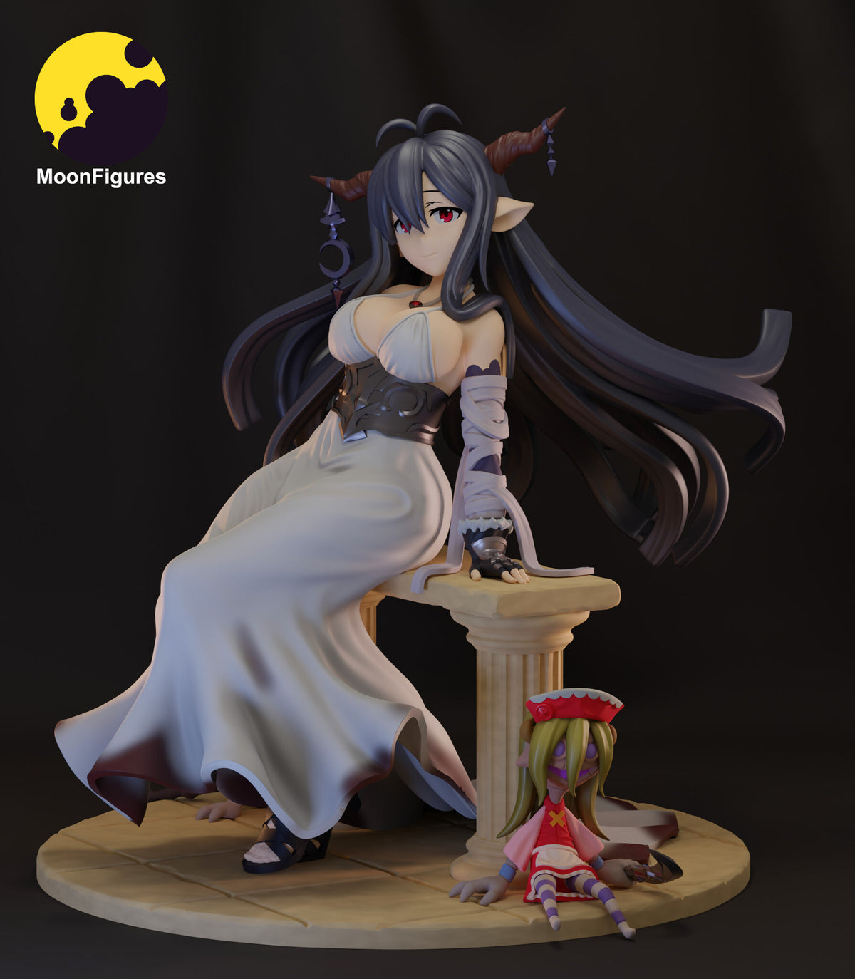 Sculptor's render of the painted design (kit ships unpainted): three-quarter front view of the horned woman in a white gown seated against a fluted stone column, with a small rag doll at its foot on a round flagstone base