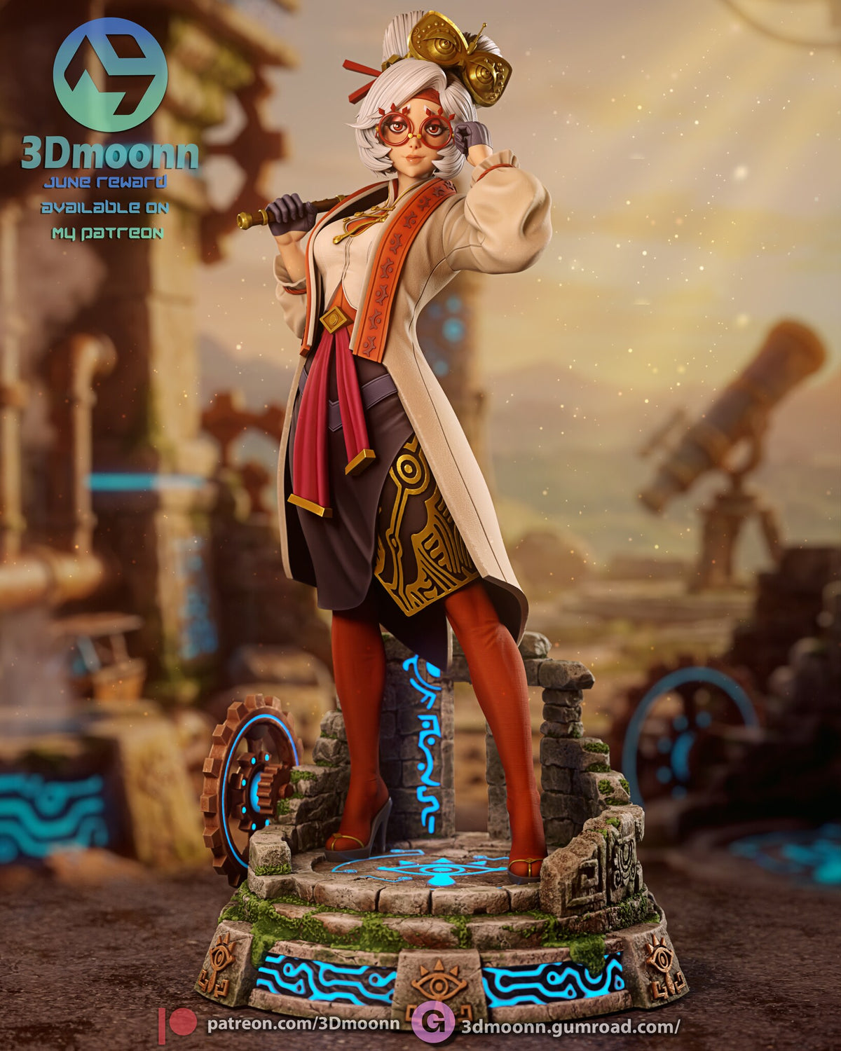 Sculptor's render of the painted design (kit ships unpainted): front three-quarter view of the white-haired figure with telescope and red glasses on the round glowing stone ruin base