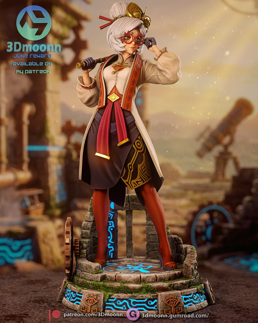Sculptor's render (kit ships unpainted): straight-on front view showing the patterned skirt panel, red sash and the lower ring of copper eye panels