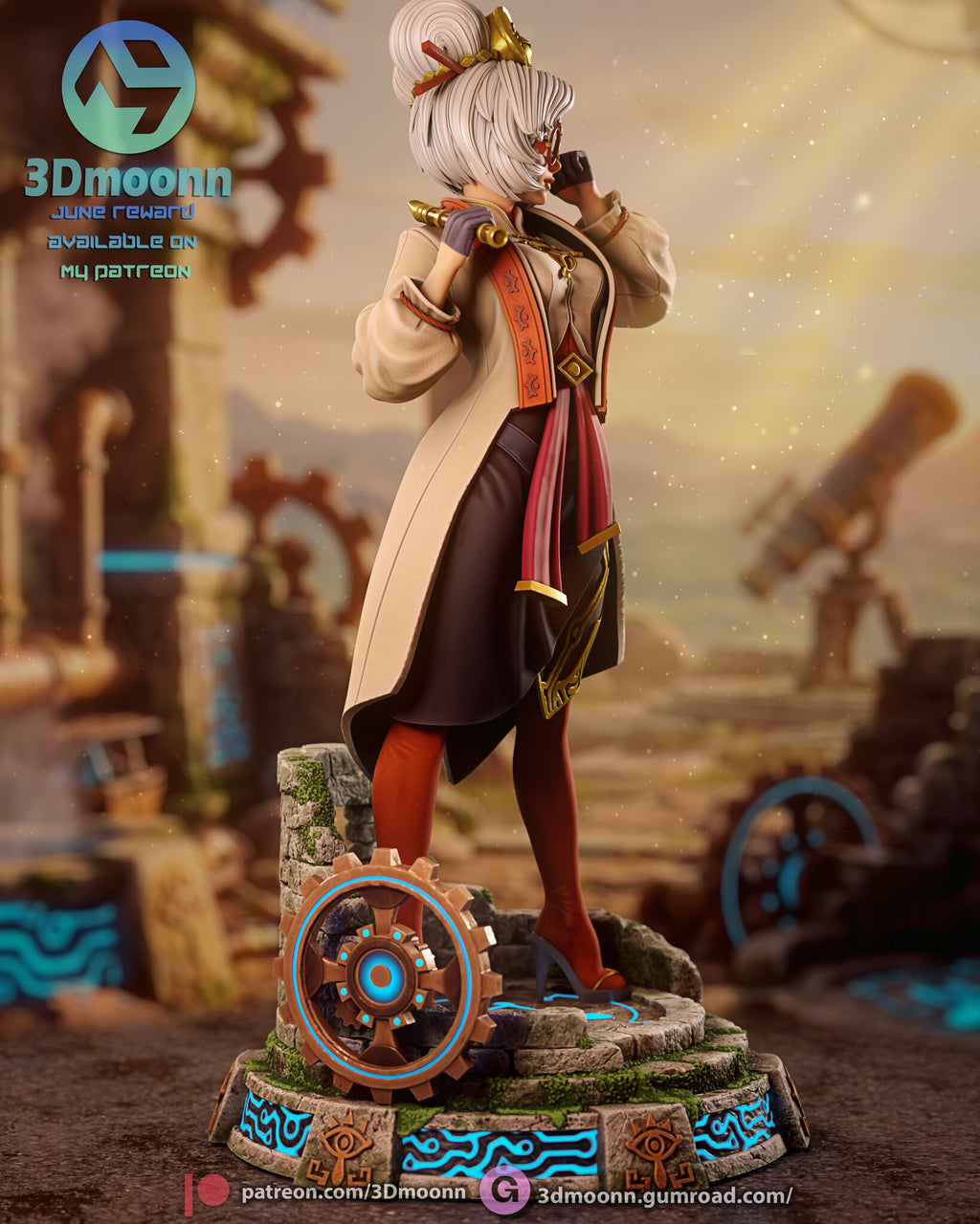 Sculptor's render (kit ships unpainted): side view with the copper gear wheel face-on and the flared coat