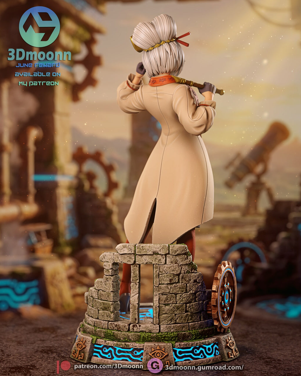 Sculptor's render (kit ships unpainted): rear view of the cream coat and the ruined stone arch from behind