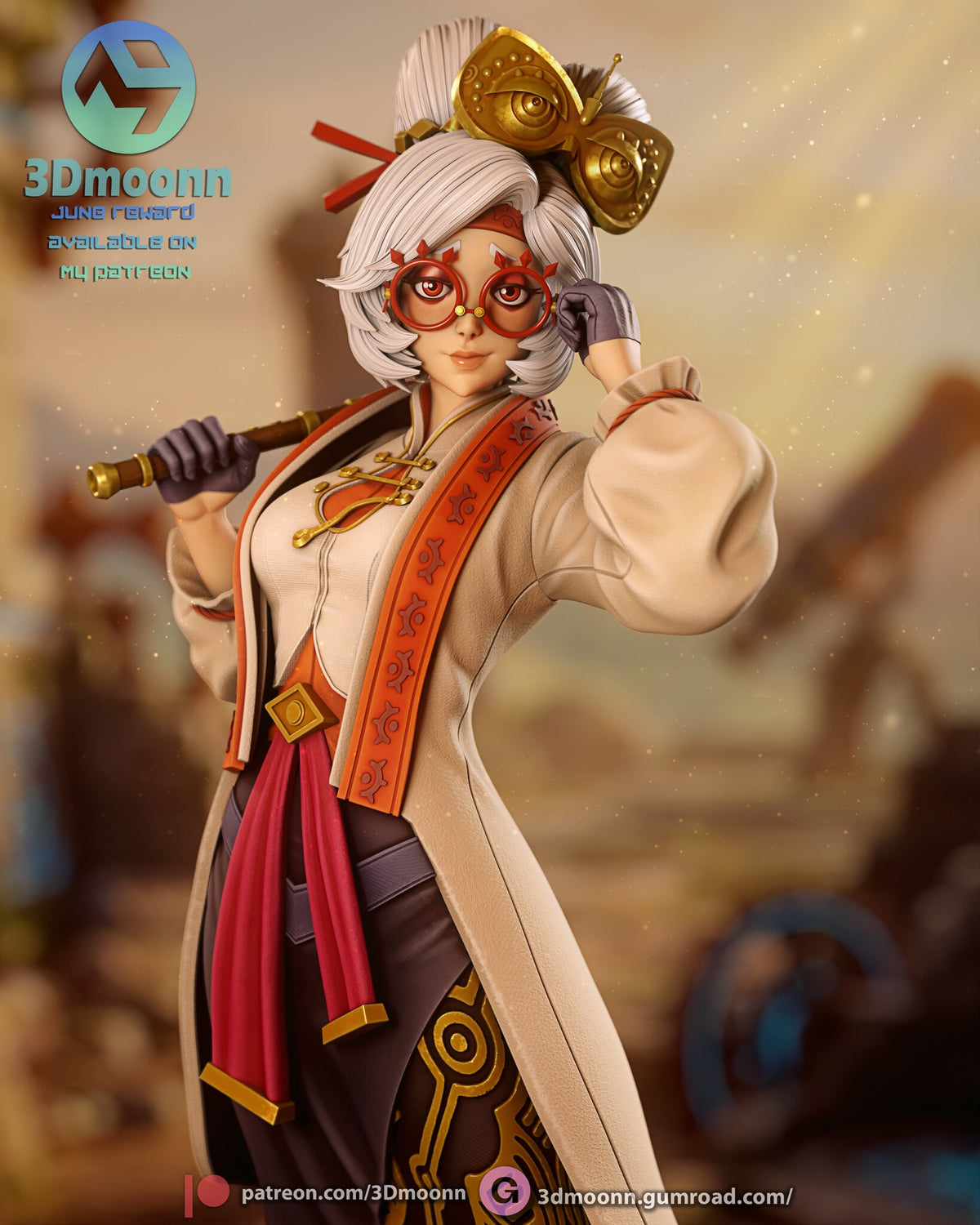 Sculptor's render (kit ships unpainted): close-up of the face, round red glasses, gold hair ornament and patterned lapels