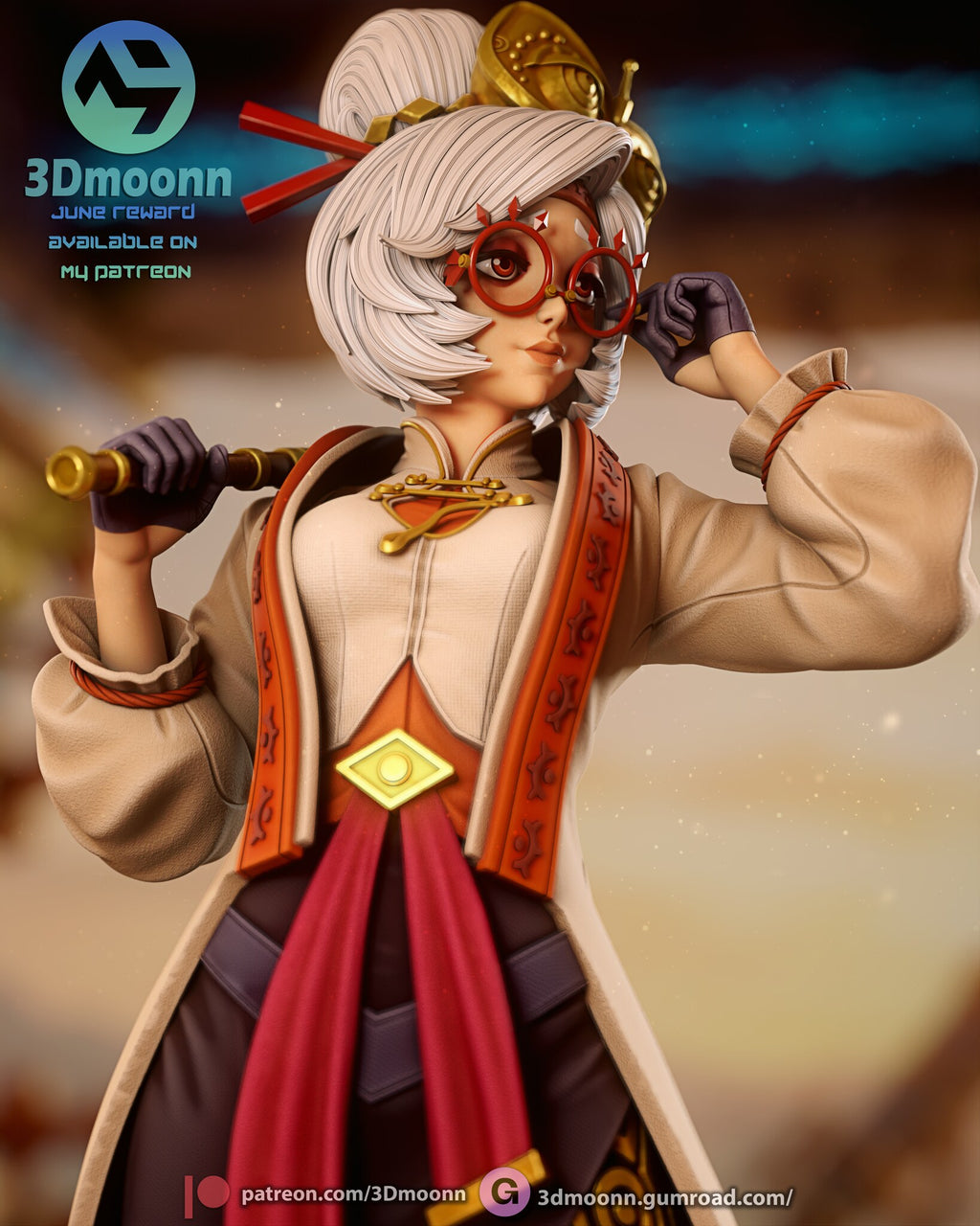 Sculptor's render (kit ships unpainted): close-up of the hand at the glasses and the telescope over her shoulder
