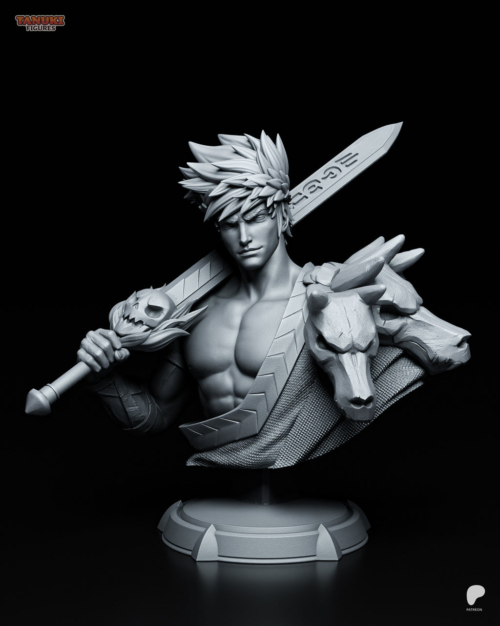 Sculptor's render of the design (kit ships unpainted): gray clay front three-quarter view of the laurel-crowned swordsman bust, sword over his shoulder and three hound heads on the other shoulder, on a round plinth