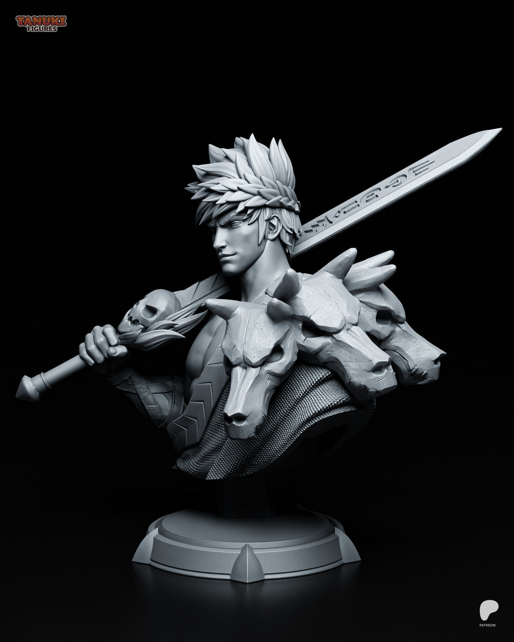 Sculptor's render (kit ships unpainted): view from the pauldron side, showing the three hound heads and the glyphs on the blade