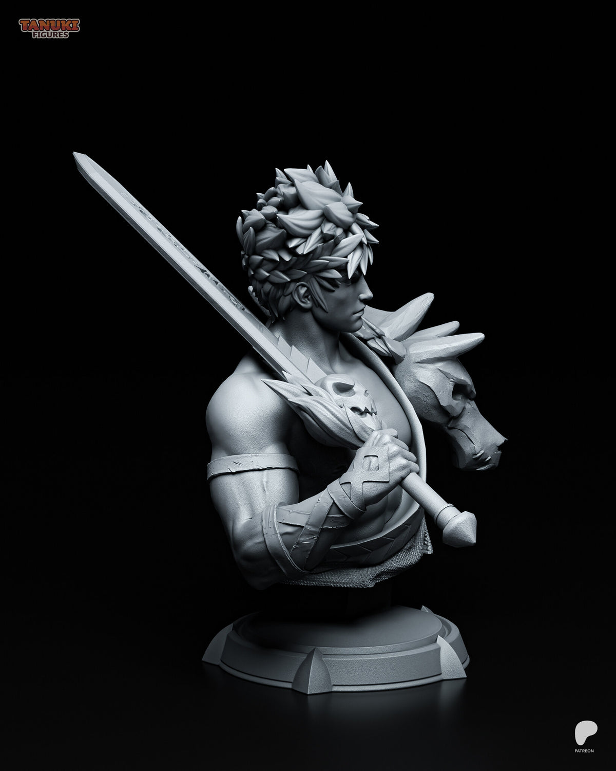 Sculptor's render (kit ships unpainted): side profile with the strapped bracer, the fist on the grip and the skull guard