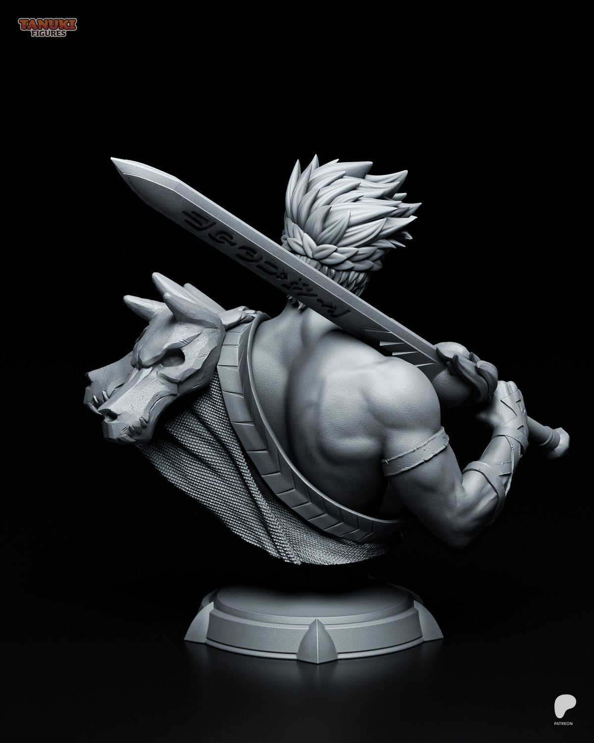 Sculptor's render (kit ships unpainted): rear three-quarter view of the back, the chevron band and the blade crossing behind the shoulders