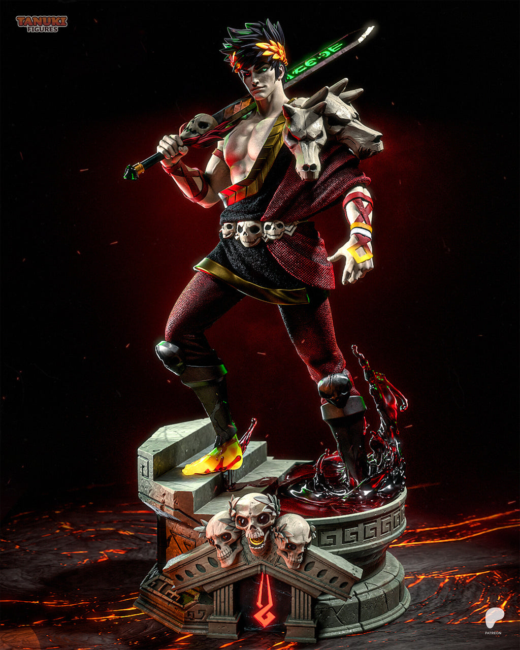Sculptor's render of the painted design (kit ships unpainted): front view of the laurel-crowned swordsman climbing temple steps from a red pool, sword over his shoulder and hound skulls on the other shoulder