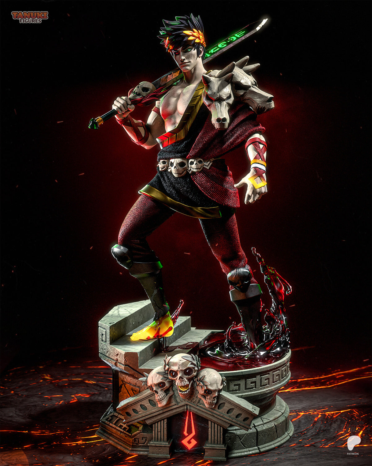 Sculptor's render of the painted design (kit ships unpainted): front view of the laurel-crowned swordsman climbing temple steps from a red pool, sword over his shoulder and hound skulls on the other shoulder